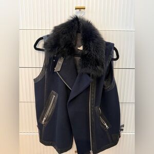 Rebecca Taylor Blue Wool Vest black faux fur trim